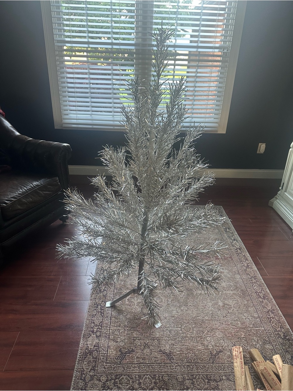 Vintage 51 branches aluminum Christmas tree with original base pole and sleeves